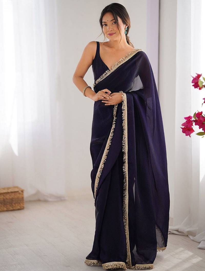 Blue solid sequinned saree with unstitched blouse piece