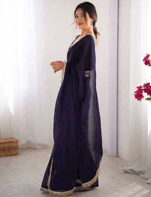 Blue solid sequinned saree with unstitched blouse piece 2