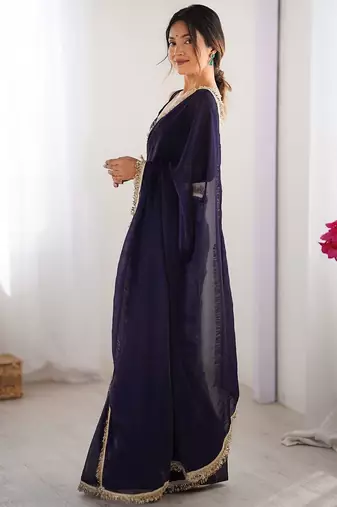 Blue solid sequinned saree with unstitched blouse piece