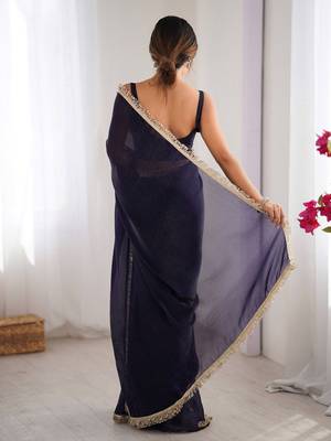 Blue solid sequinned saree with unstitched blouse piece 3