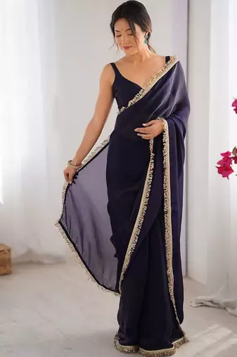 Blue solid sequinned saree with unstitched blouse piece