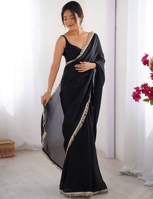 Black sequinned embellished satin saree with blouse piece 2