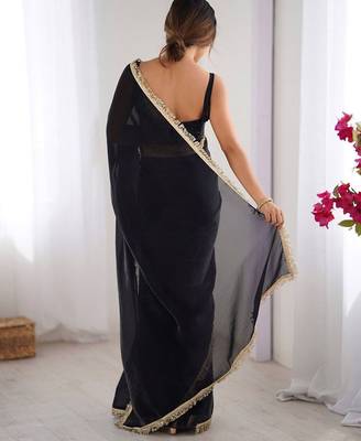 Black sequinned embellished satin saree with blouse piece 3