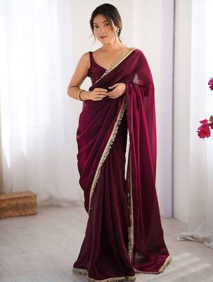 Maroon sequinned satin saree matching blouse piece 1