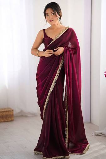 Maroon sequinned satin saree matching blouse piece