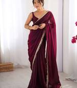 Maroon sequinned satin saree matching blouse piece