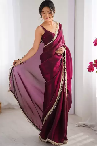 Maroon sequinned satin saree matching blouse piece