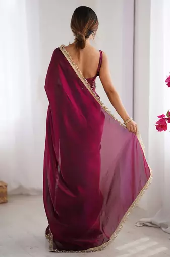 Maroon sequinned satin saree matching blouse piece