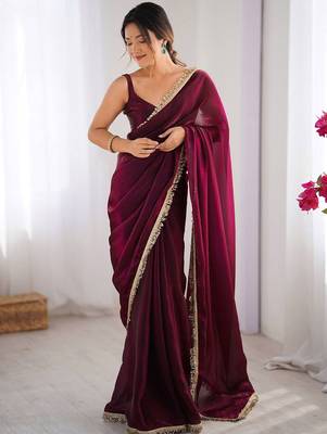 Maroon sequinned satin saree matching blouse piece 4