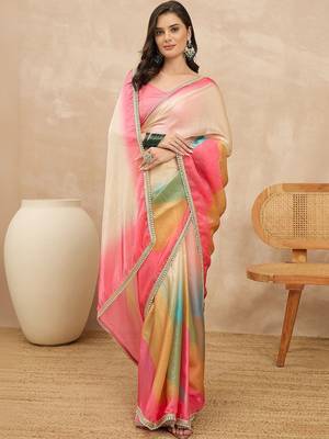 Multicolor ombre beads and stones satin saree 1
