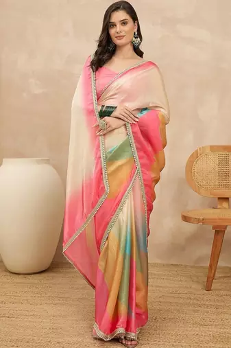 Multicolor ombre beads and stones satin saree