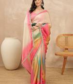 Multicolor ombre beads and stones satin saree