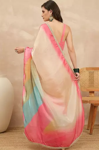 Multicolor ombre beads and stones satin saree