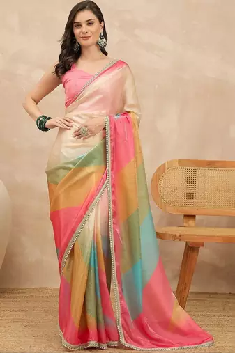 Multicolor ombre beads and stones satin saree