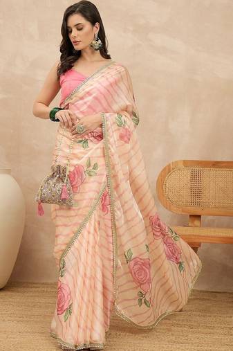Peach floral beads and stones satin leheriya saree