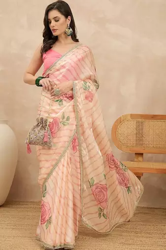Peach floral beads and stones satin leheriya saree