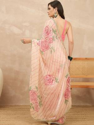 Peach floral beads and stones satin leheriya saree 2