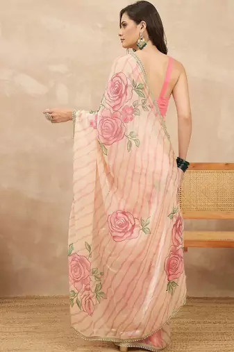 Peach floral beads and stones satin leheriya saree
