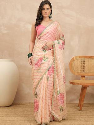 Peach floral beads and stones satin leheriya saree 3