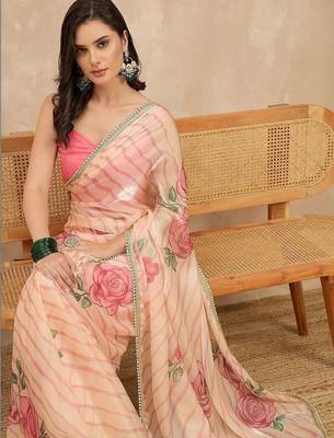 Peach floral beads and stones satin leheriya saree 4