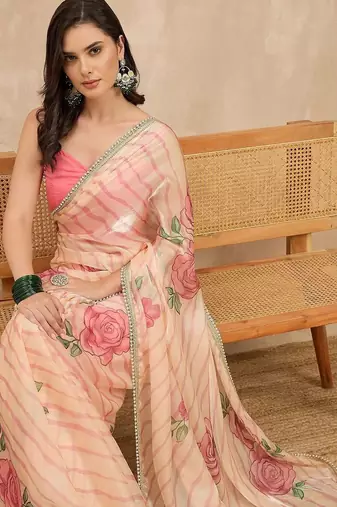 Peach floral beads and stones satin leheriya saree