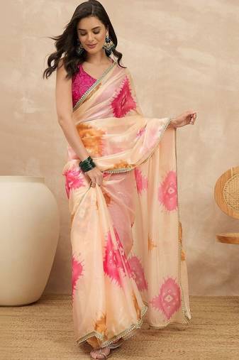 Peach tie and dye satin saree