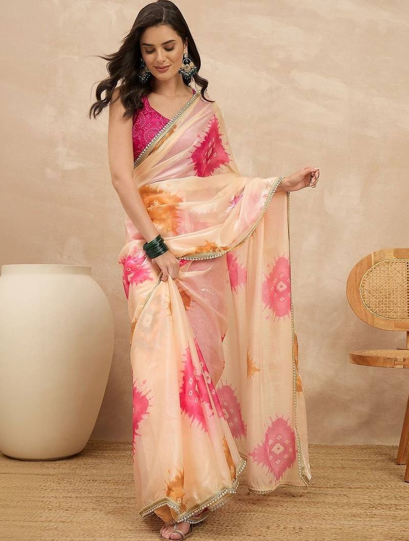 Peach tie and dye satin saree