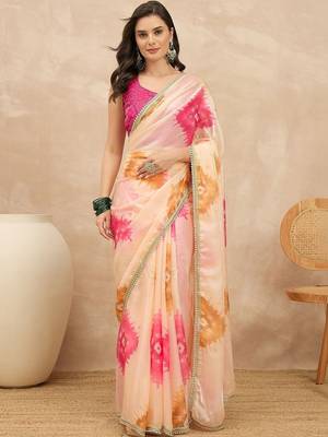 Peach tie and dye satin saree 3