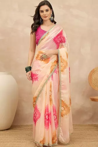 Peach tie and dye satin saree