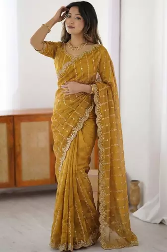 Yellow woven design zari satin heavy work saree