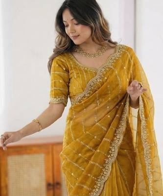 Yellow woven design zari satin heavy work saree 4