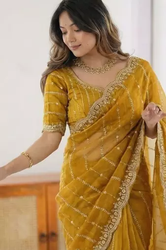 Yellow woven design zari satin heavy work saree
