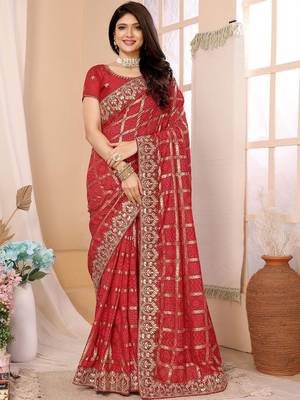 Red woven design zari heavy work saree 1