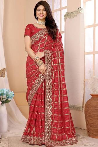 Red woven design zari heavy work saree