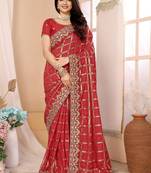Red woven design zari heavy work saree