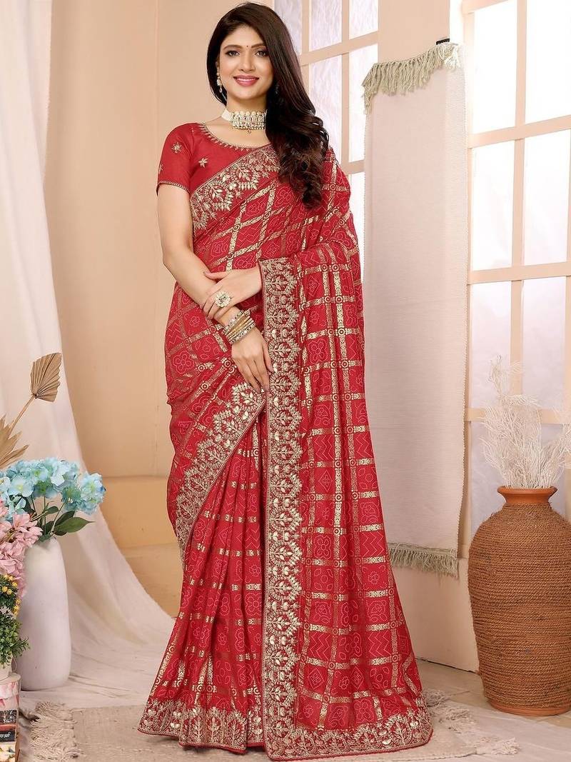 Red woven design zari heavy work saree