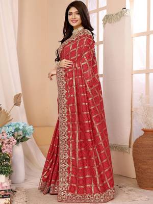 Red woven design zari heavy work saree 2