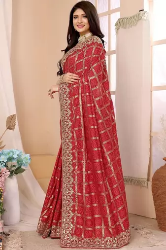Red woven design zari heavy work saree