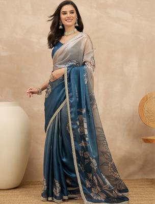 Multicolor floral satin fusion saree 1