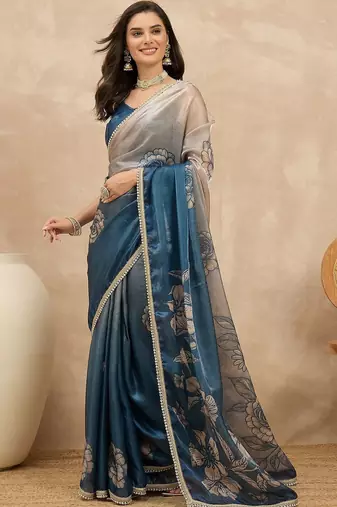 Multicolor floral satin fusion saree