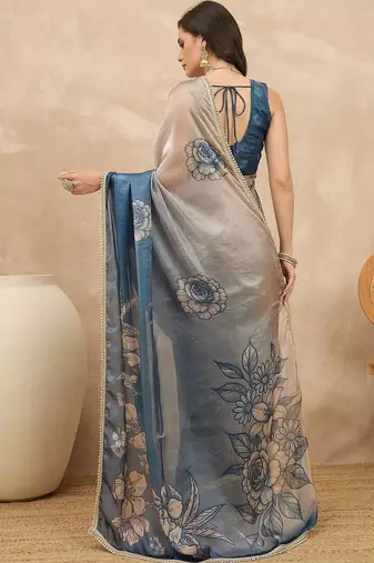 Multicolor floral satin fusion saree
