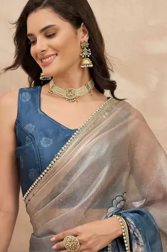 Multicolor floral satin fusion saree