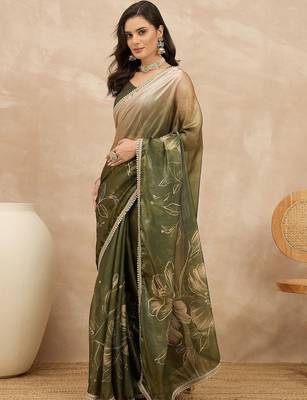 Olive floral printed embellished saree with unstitched blouse piece 1