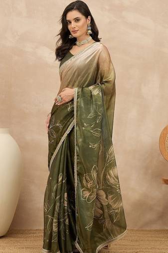 Olive floral printed embellished saree with unstitched blouse piece
