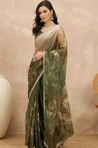Olive floral printed embellished saree with unstitched blouse piece