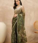 Olive floral printed embellished saree with unstitched blouse piece