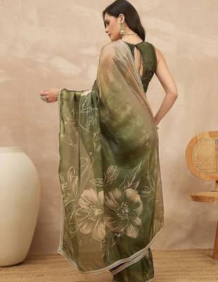 Olive floral printed embellished saree with unstitched blouse piece 3