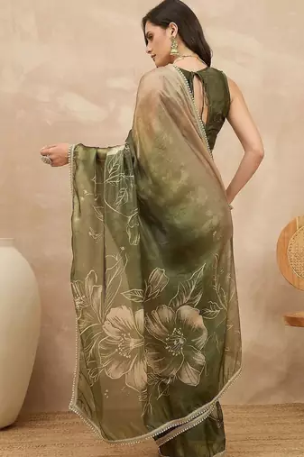 Olive floral printed embellished saree with unstitched blouse piece