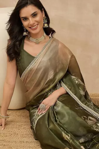 Olive floral printed embellished saree with unstitched blouse piece