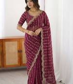 Maroon leheriya embroidered satin designer saree